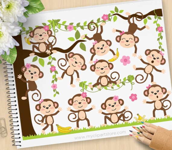 Monkey Around Girl Clipart, Jungle Animals, Zoo, Girl Monkeys, Pink Flowers, Spring , Clip Art Commercial Use, Sublimation, HTV, SVG Il_570xn