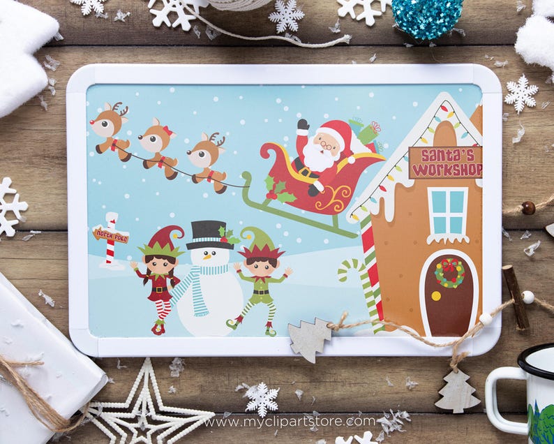 Santa's Workshop Clipart, Reindeer, Elf (Digital Download) image 3