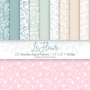 Le Fleur Seamless Patterns, Floral, Damask, Toile, Fine Flowers, Pastel Colors, Wedding, Commercial Use, Illustrated Digital Scrapbook Paper