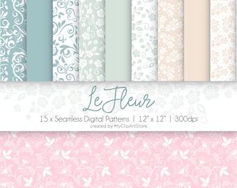 Le Fleur Seamless Patterns, Floral, Damask, Toile, Fine Flowers, Pastel Colors, Wedding, Commercial Use, Illustrated Digital Scrapbook Paper