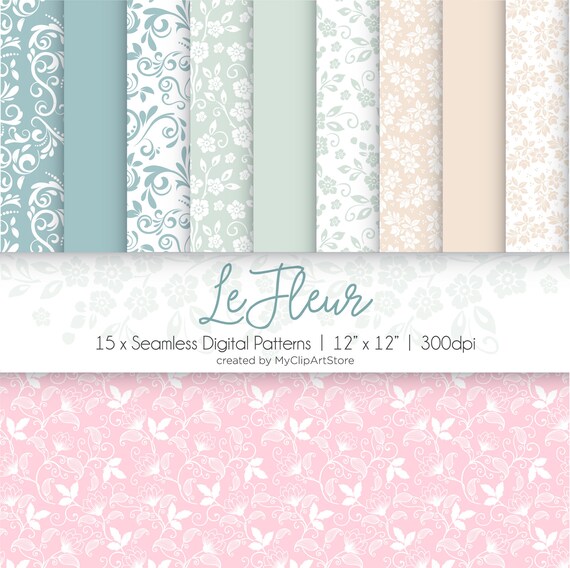 Le Fleur Seamless Patterns, Floral, Damask, Toile, Fine Flowers, Pastel Colors, Wedding, Commercial Use, Illustrated Digital Scrapbook Paper Il_570xn