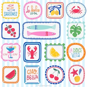 May include: A collection of sixteen square, rectangular, and oval stickers featuring colorful illustrations of sardines, tomatoes, lemons, a crab, a lobster, a watermelon slice, cherries, a monstera leaf, and text including La dolce vita and Ciao Bella.