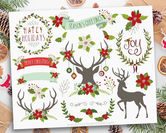 Christmas Elements (2), Reindeer Silhouette, Antlers, Poinsettia Flowers, Floral Wreaths, Holly, Clip Art Commercial Use, Sublimation, HTV, Il_570xn