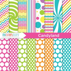 Digitaal papier Candyland: regenboogwervelingen, stippen (JPEG, pdf, png)