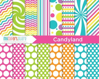Candyland Digital Paper: Rainbow Swirls, Polka Dots (JPEG, PDF, PNG)