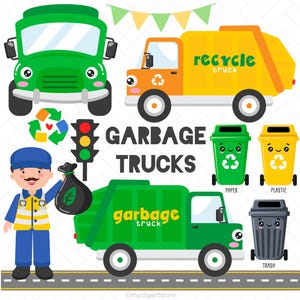 Pode incluir: Uma ilustração colorida com vários caminhões de lixo, caixotes de reciclagem e um trabalhador de saneamento. A imagem inclui um caminhão verde, um caminhão laranja e amarelo com a etiqueta "recycle truck" e um caminhão verde com a etiqueta "garbage truck". Os caixotes de reciclagem estão rotulados como "papel", "plástico" e "lixo".