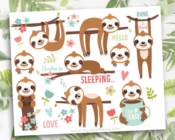 Cute Sloths Clipart, Sleeping, sloth, tree branch, spring flowers, kawaii, valentine, Commercial use, Vector Clip Art, HTV Il_570xn