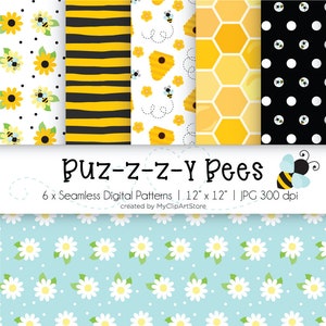 Drukke bijen naadloze patronen, hommel, honingraatpatroon, bijenkorf, schattige honingbijen, commercieel gebruik, geïllustreerd digitaal plakboekpapier
