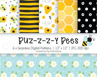 Busy Bees Seamless Patterns, Bumble Bee, Honeycomb Pattern, Beehive, Cute Honey Bees, Commercial Use, Illustrated Digital Scrapbook Paper