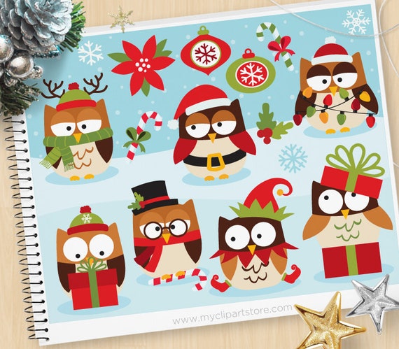 Christmas Owls Clipart Winter Animals Elf Hat Christmas Lights
