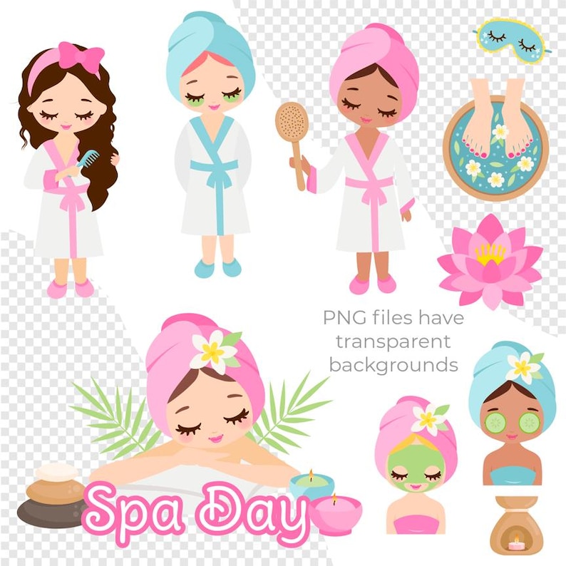 May include: Spa day themed clip art set featuring cartoon girls in bathrobes, towels, and spa treatments. The set includes a girl with a hairbrush, a girl with a face mask, a girl getting a massage, a girl with a foot bath, and a girl with a bathrobe and a loofah. The text "Spa Day" is included in the image.