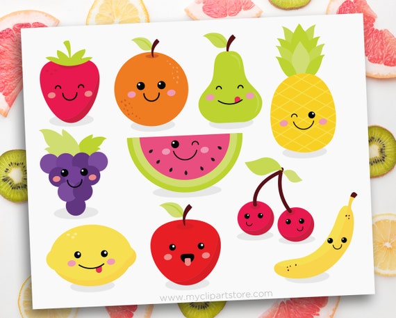 cute fruit kawaii clipart strawberry watermelon apple pineapple orange grapes clip art commercial use sublimation htv svg by myclipartstore catch my party cute fruit kawaii clipart strawberry