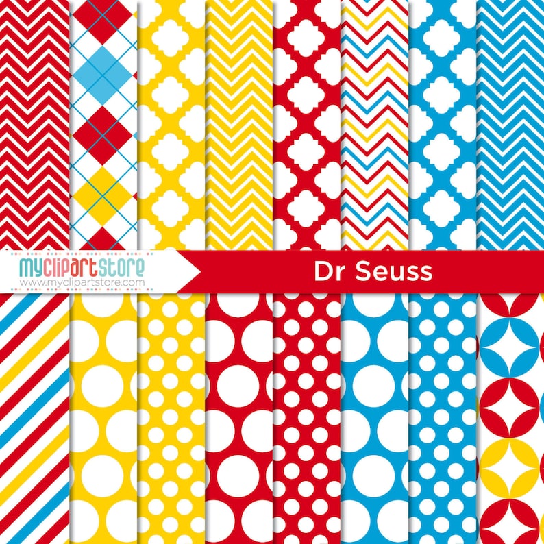 Dr Suess Digital Paper, Back to school, Scrapbook Paper, Digital Pattern Instant Download JPG, PDF image 1