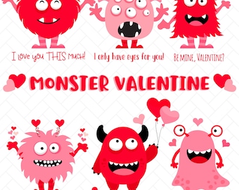 Valentine Monsters Clipart, Red & Pink, Funny Love Puns (Digital Download)