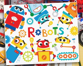 Zestaw uroczych clipartów z robotami, zabawny robot STEM w formacie PNG, kolorowe zaproszenie na przyjęcie urodzinowe dla dzieci, wydruk do pokoju dziecięcego, baby shower (pobranie cyfrowe)