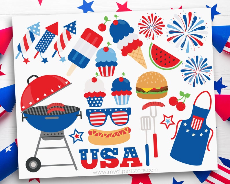 4th of July bbq Clipart, Independence Day, Barbecue, fireworks, Ice Cream Digital Download Sublimation Design SVG, EPS, PNG image 1