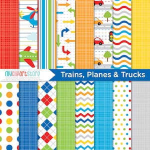 Carta digitale - Treni, aerei, automobili e camion, carta scrapbook, modello digitale (download istantaneo) JPG, PDF