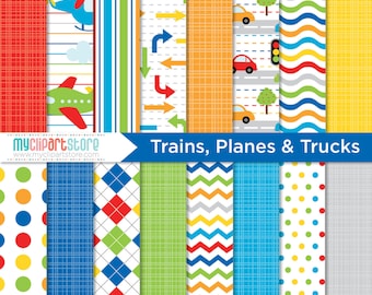 Digital Paper - Trains, Planes, Cars and Trucks, Scrapbook Paper, Digital Pattern (Instant Download) JPG, PDF