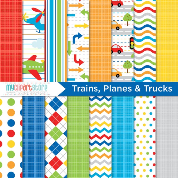 Digital Paper - Trains, Planes, Cars and Trucks, Scrapbook Paper, Digital Pattern, Commercial Use, JPEG, PDF sublimation, png Il_570xn