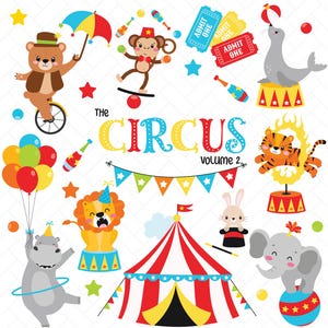 Paquete de imágenes prediseñadas de animales de circo: Carnaval, feria, carpa de circo, papeles digitales incluidos (descarga digital).