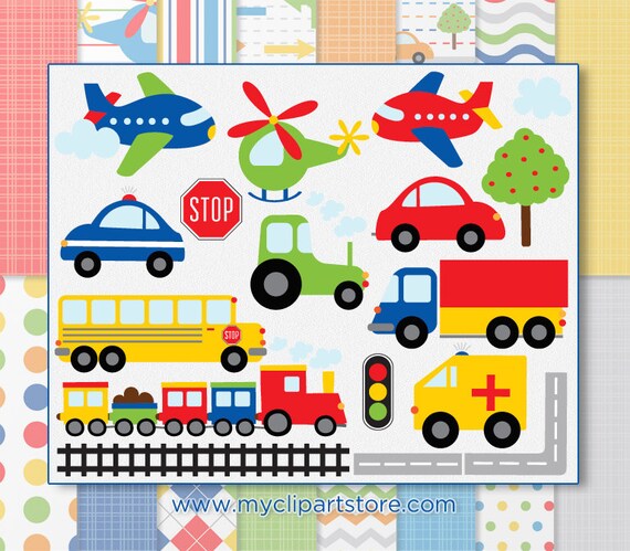 Cars Clipart, Train Clipart, Truck SVG, Train SVG, Car SVG, Locomotive Clipart, Helicopter Clipart, airplane clip art, Digital Papers Il_570xn