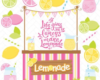 Lemonade Stand Clipart: Summer Drinks, Citrus Fruit,  Pink Lemonade, Lime Slices, Birthday Invitation, Limoncello - (Digital Download)