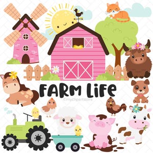 Clipart ferme mignon, animaux de la ferme, grange rose, anniversaire à la ferme, baby shower, ferme, vache svg - téléchargement numérique | Sublimation | SVG, EPS, PNG
