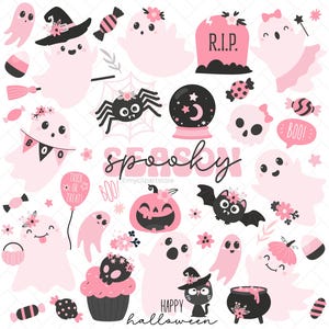 Pink Halloween Clipart, Cute Ghost, Kawaii Pumpkin, Flowers, Floral, Halloween Candy - Digital Download | Sublimation Design | SVG, EPS, PNG