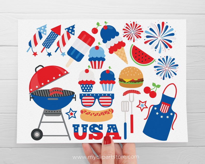 4th of July bbq Clipart, Independence Day, Barbecue, fireworks, Ice Cream Digital Download Sublimation Design SVG, EPS, PNG image 2