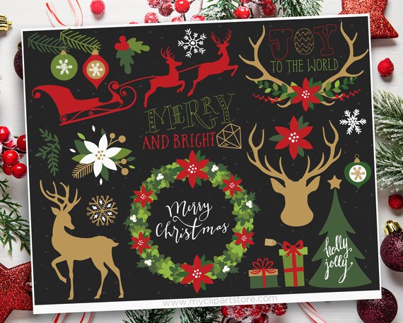 Rustic Christmas Elements Clipart, Reindeer Silhouettes, Antlers, Vintage Farmhouse, Floral wreaths, Commercial Use, Sublimation, HTV, SVG Il_570xn