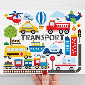 Transportation clipart with cars, trucks, and trains, and various other vehicles.