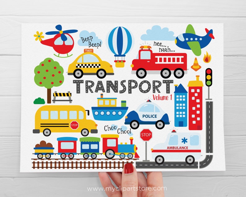 Transportation clipart with cars, trucks, and trains, and various other vehicles.