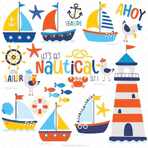 Söt nautisk clipart: Små sjömansillustrationer för babyshower, segling, segelbåt SVG, kryssningsfartyg, semester - (digital nedladdning)