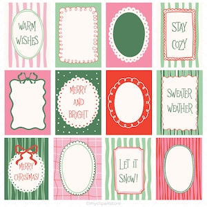 May include: A set of twelve rectangular gift tags featuring various holiday-themed designs, including striped and plaid backgrounds in red, green, and pink. Several tags contain text such as Warm Wishes, Stay Cozy, Sweater Weather, Merry and Bright, Merry Christmas, and Let It Snow, framed by decorative borders.