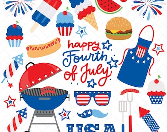 Imágenes prediseñadas de barbacoa del 4 de julio, parrillada en el jardín, Día de la Independencia, fuegos artificiales, hamburguesa, perrito caliente, cerezas coquetas - (Descarga digital)