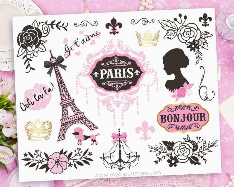 Paris Clipart, Eiffel Tower svg, Parisian Girl, French Lace, Bullet Journalling Digital Download Sublimation Design SVG, EPS, PNG image 1