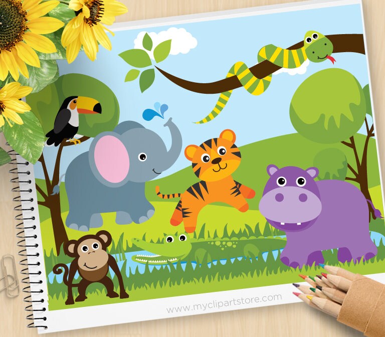 savannah zoo animals clipart safari tiger hippo monkey etsy