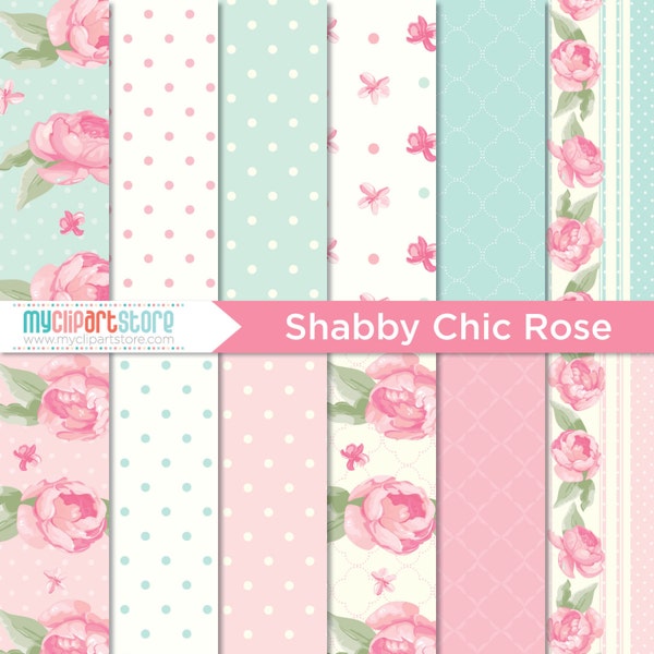 Digital Paper - Shabby Chic Rose, Scrapbook Paper, Digital Pattern (Instant Download) JPG, PDF