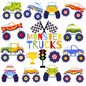May include: A colorful illustration featuring various monster trucks in different colors and designs. The image includes checkered flags, a trophy, a traffic light, and the text "MONSTER TRUCKS" in vibrant colors. The trucks have large wheels.