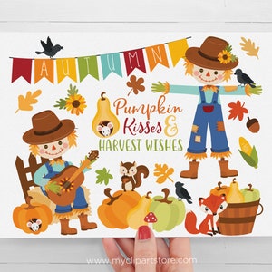 Fall Scarecrow Clipart, Autumn Animals, Harvest, Pumpkins, Wooden Barrel, Crow, Fox, Squirrel, image 2