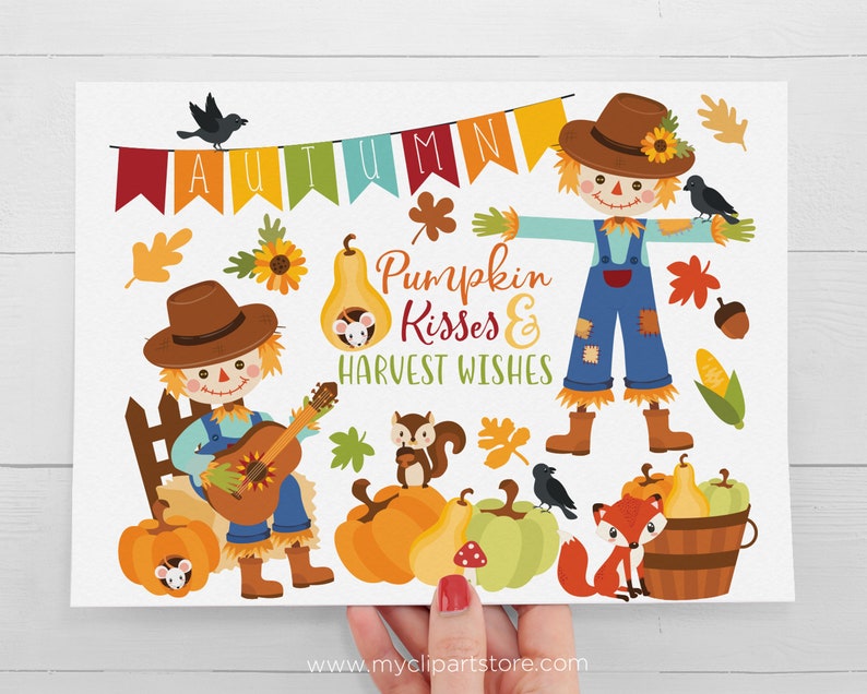 Fall Scarecrow Clipart, Autumn Animals, Harvest, Pumpkins, Wooden Barrel, Crow, Fox, Squirrel, image 2