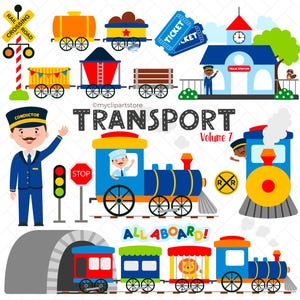 Clipart kolejowy: Parowozy i nowoczesne pociągi, transport (pobieranie cyfrowe)