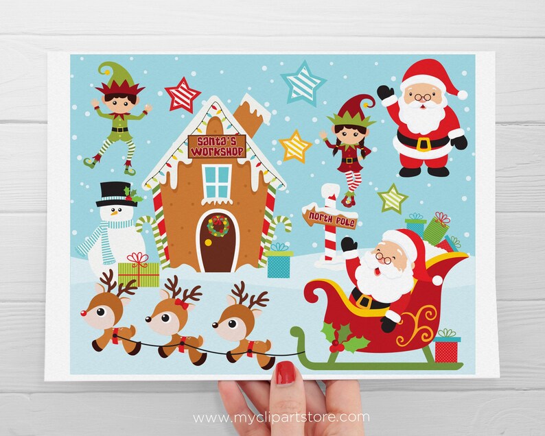Santa's Workshop Clipart, Reindeer, Elf (Digital Download) image 2