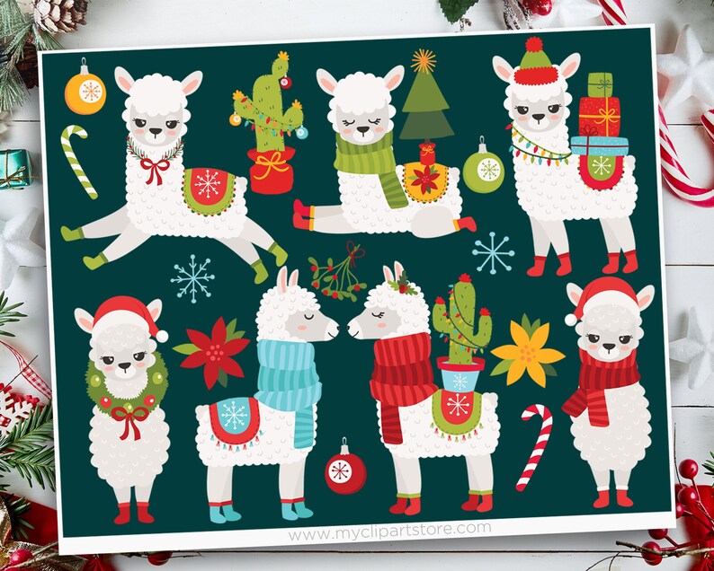 Christmas Llama Clipart, Llama Digital Art, Alpaca Clipart, Cactus Clip Art, Llama svg Digital Download Sublimation SVG, EPS, PNG image 1
