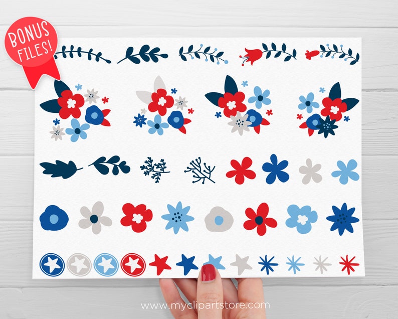 4th of July Flowers Clipart, Independence Day Clipart, 4th of July svg, boho flowers Digital Download Sublimation Design SVG, EPS, PNG image 3