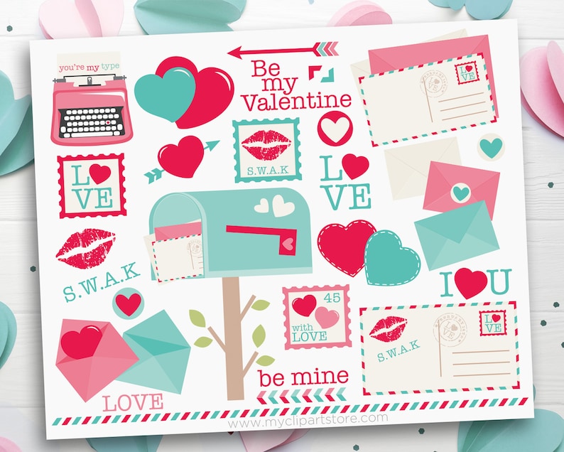 Valentine Mail Clipart, Valentine's Day, Old Typewriter, Mailbox svg, Love Letters Digital Download Sublimation Design SVG, EPS, PNG image 1