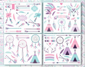 Clipart Bundle -  Tribal Girl, Pink, Purple, Bohemian Wedding, Teepee, Dreamcatchers, Boho Clip Art, Commercial Use, Sublimation, HTV, SVG