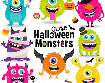 Cute Halloween Monster Clipart: Cute Monsters for Party Invitations, Colorful Scary Creatures - (Digital Download)