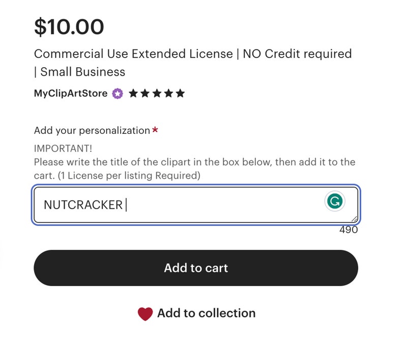 May include: A digital product listing for a Nutcracker clipart image. The listing includes a price of $10.00 and a description of the product as a commercial use extended license with no credit required. The listing also includes a text box for the buyer to add their personalization and a button to add the product to their cart.