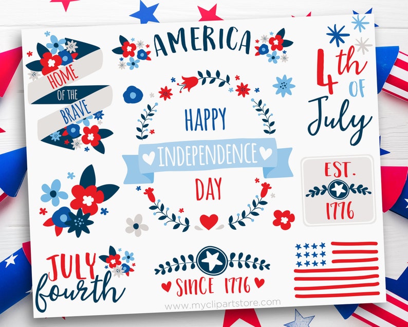 4th of July Flowers Clipart, Independence Day Clipart, 4th of July svg, boho flowers Digital Download Sublimation Design SVG, EPS, PNG image 1